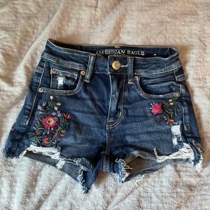 American Eagle Dark Wash Flower Next Level Stretch Hi-rise Shortie Jean Shorts